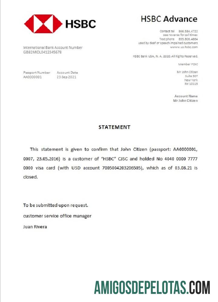 Referência de fechamento do HSBC dos EUA modelo